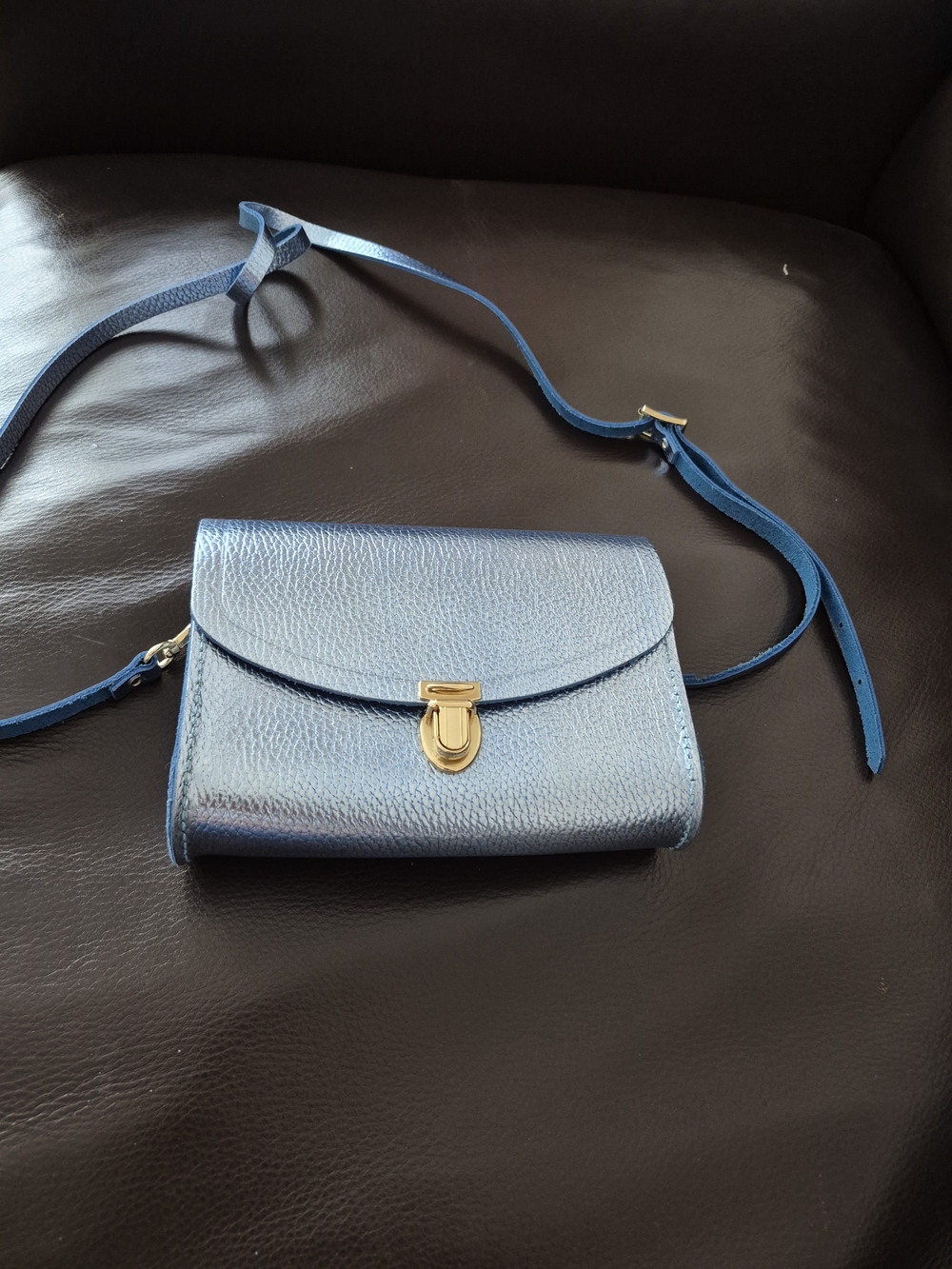 Blue Cambridge Leather Crossbody Bag with Gold Clasp